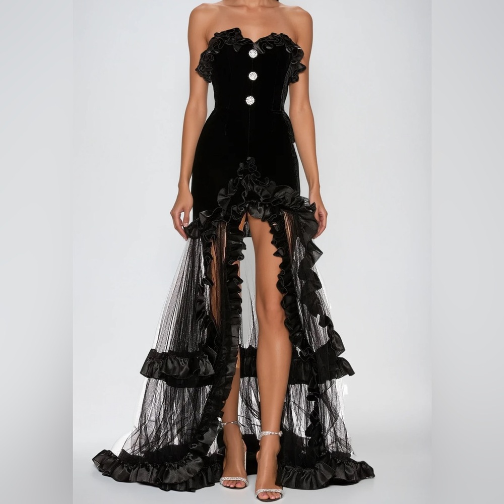 NWT “Innovare Demin” Barukh Ruffle Strapless Mesh Maxi Dress